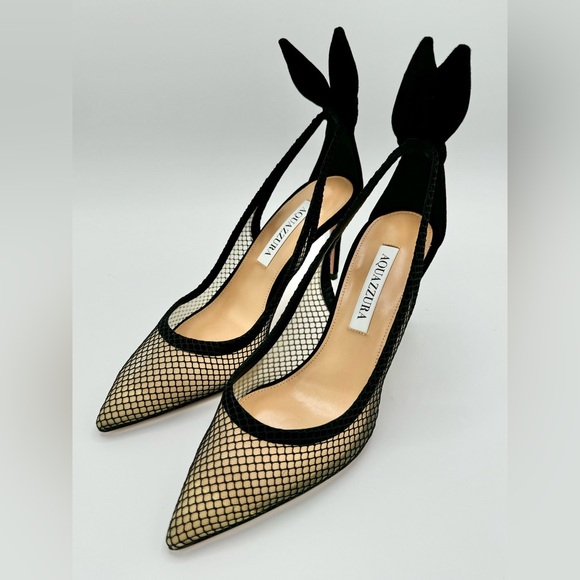 NWT Aquazzura Bow Tie Mesh Pump Heels 85 Mesh/Suede Black 37 W Box & Dust Bag - Picture 9 of 16